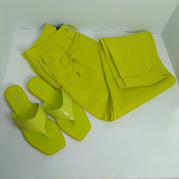 *SOLD* ELLEN TRACEY Women's 100% Linen Pants Lemon Lime Color- Size M - Picture 2 of 12